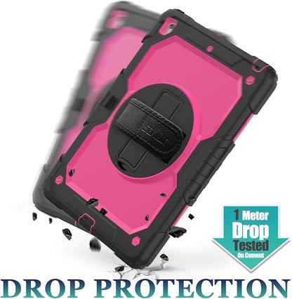 SEYMAC stock Case for iPad 9th/ 8th/ 7th Generation 10.2'', Shockproof with Screen Protector, Pencil Holder [360° Rotating Hand Strap] & Stand, for iPad 10.2 inch 2021-2019 (Rose+Black)
