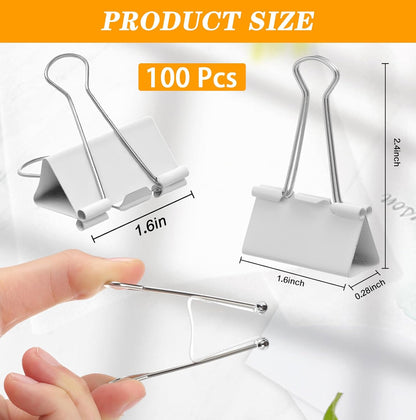 Jetec 100 Pack 1.6in/41mm White Metal Binder Clips Bulk Medium Reusable Fold Back Binder Clips Paper Clamps Spring Steel Sturdy for Home School Office Supplies