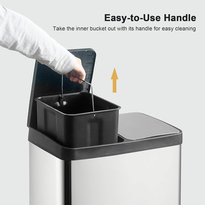 Dual Trash Can, 60 Liter/16 Gallon Dual Bin Trash Can with Lids, Kitchen Trash Can Dual Compartments, Trash and Recycling Bin Combo, Hands-Free Stainless Steel Kitchen Trash Can
