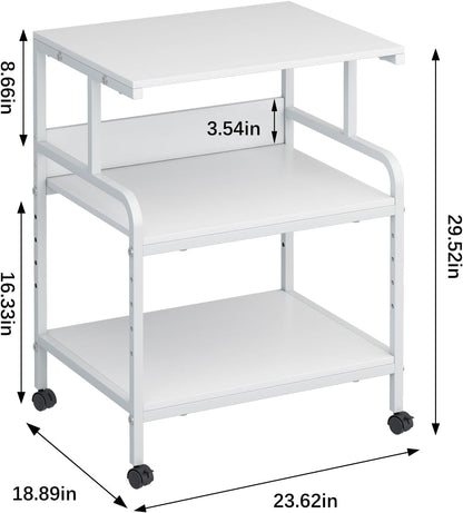 Large Printer Stand with Storage Shelf, 23.6" W x 18.9" D Printer Cart with Wheels, 3 Tier Mobile Printer Table for Home Office,Stands for Heat Press Scanner Fax (White)