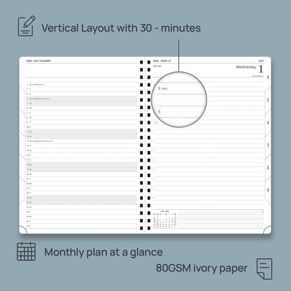 POPRUN 2026 Daily Planner One Page A Day - [A4 Large Size 8.25" x 12" -Spiral Hard Cover], Agenda 2026 Hourly Appointment Book with Monthly Calendar, Pen Holder, Ivory Paper -Burgundy