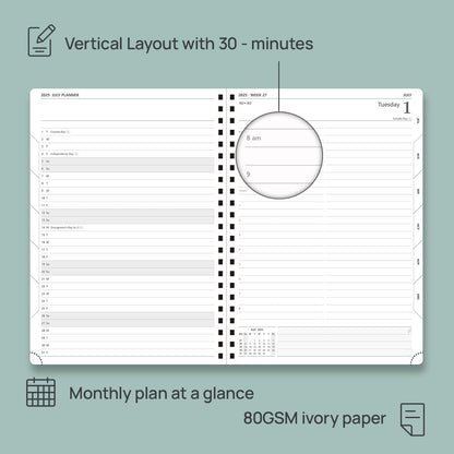 POPRUN Academic Daily Planner 2025-2026 One Page A Day - [A4 Large Size 8.25" x 12" - Spiral Hard Cover], Appointment Book (July 2025 - June 2026) with Monthly Calendar - Midnight Green