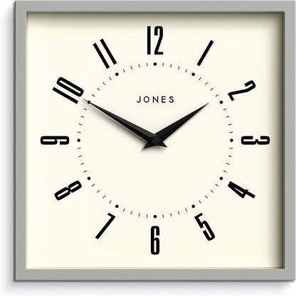 JONES CLOCKS® Box Wall Clock | Retro Square | 10 inch | Gray | Easy to Read Numbers | Perfect Kitchen or Office Clock