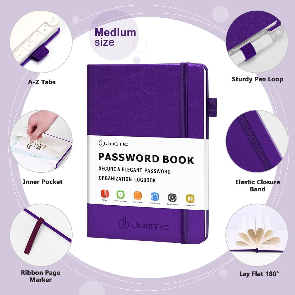 JUBTIC Password Book with Alphabetical Tabs. Medium Size Password Keeper Logbook for Internet Log in, Website Address. Hardcover Password Journal Notebook & Organizer for Home Office, Violet Purple