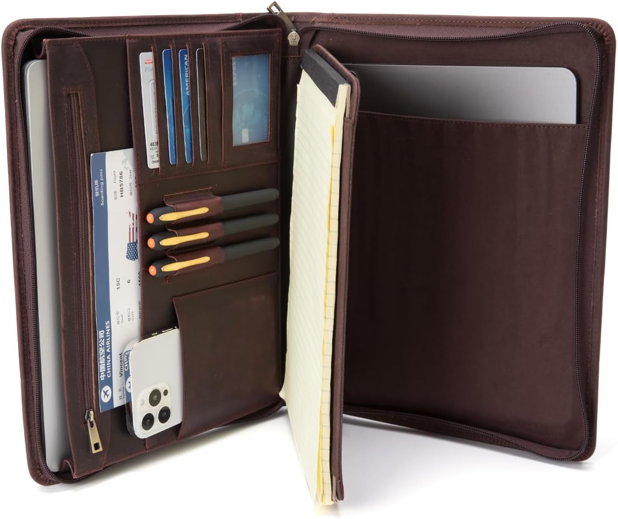 Genuine Leather Portfolio with Hidden Handle, Front Pocket, Business Padfolio Tablet/13” Laptop Organizer, Folio Document Cell Phone Holder, Professional Executive Folder, Dark Brown