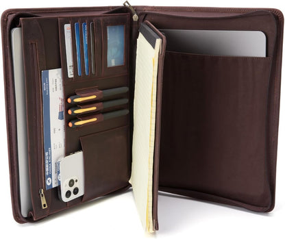 Genuine Leather Portfolio with Hidden Handle, Front Pocket, Business Padfolio Tablet/13” Laptop Organizer, Folio Document Cell Phone Holder, Professional Executive Folder, Dark Brown