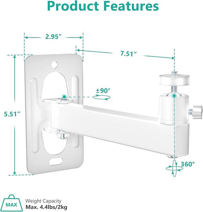 WALI Mini Porjector Wall Mount, Wall Projector Mount for 1/4" M4 M6 Screws, Fully Adjustable Projector Hanging Bracket Ceiling Mount Holder Holds up 4.4lbs, White (1330LM-PMWS)