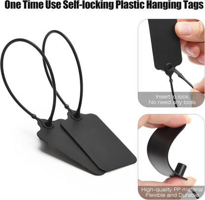 100 Black Blank Plastic Tags for Labeling Waterproof Hanging Labels Writable Tags Seal Plastic Marking Label for Clothes Bags Keys Inventory with One Marker Pen