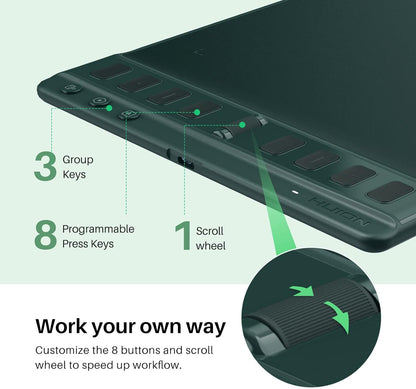 HUION Inspiroy 2 Medium Drawing Tablet with Scroll Wheel 8 Customized Keys Battery-Free Stylus for Digital Art, Design, Sketch, 9x5inch Graphics Tablet Works with Mac, PC & Mobile, Green