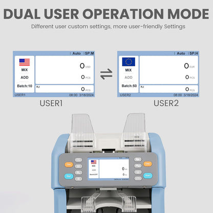 RIBAO MC-165 Two-Pocket Mixed Denomination Money Counter Machine, Value Counting, Blue Bill Counter Multi Currency,2 CIS/UV/MG/IR Counterfeit Detection for Bank, 4.3 inch Large Touch Screen