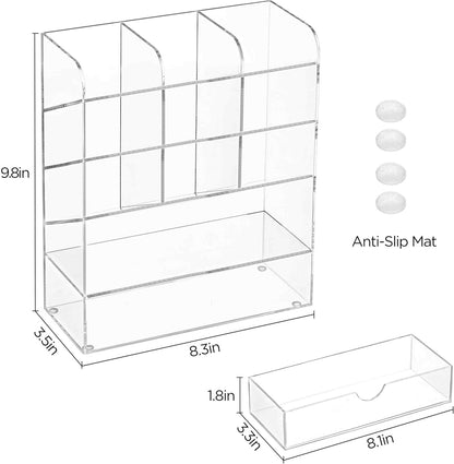 HBlife Acrylic Pen Desk Organizer with Drawer, Clear Vertical Marker Organizer with 11 Compartments, Angled Large Stationary Pencil Display Holder, Art Supplies Organizer for Desk, School and Home