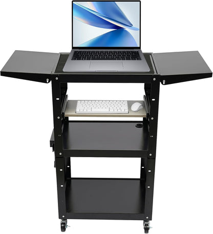 Black Steel AV Cart with Wheels & Power Strip Height Adjustable Rolling Computer Cart w/Folding Drop Leaves Media Cart Projector Cart, 300 LBs, 24 * 18 * 41.75in