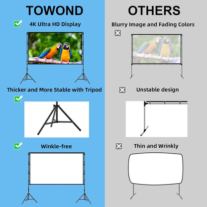 TOWOND Projector Screen with Stand, 84 inch Outdoor Projector Screen Portable Indoor Projection Screen 16:9 4K Rear Front Movie Screen with Carry Bag for Home Backyard Theater