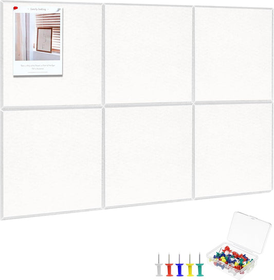 Large Cork Board 36" x 24", 6 Pack Felt Wall Tiles with Colored Pushpins, Bulletin Board with Removable Self-Adhesive Strips, Pin Boards Cork Boards for Walls Office Home School-White