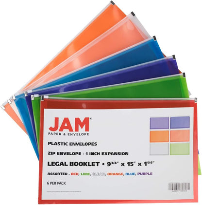 JAM PAPER Plastic Envelopes with Zip Closure - Legal Booklet - 9 1/2 x 14 1/2 - Assorted - 6/Pack
