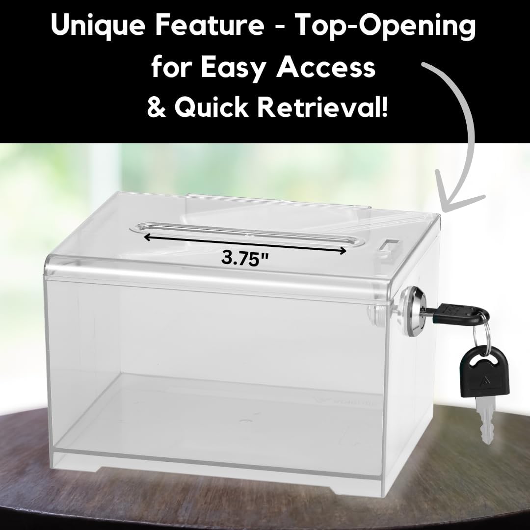 Adir Suggestion Box with Slot and Lock – Acrylic Donation Box for Fundraising, Drawing Box for Raffle, Funraiser Box, Tip Box with Lock - 6.25x4.5x 4 Inches voting box with slot and Sign Holder