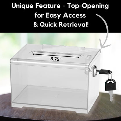 Adir Suggestion Box with Slot and Lock – Acrylic Donation Box for Fundraising, Drawing Box for Raffle, Funraiser Box, Tip Box with Lock - 6.25x4.5x 4 Inches voting box with slot and Sign Holder