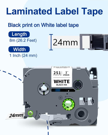 5-Pack TZe-251 TZ Tape 24mm 0.94 Laminated White Compatible for Brother P Touch Label Tape TZe 251 TZe251 TZ-251 for Ptouch PT-D600 PT-D610BT PT-D600VP PT-P710BT PT-P700 Label Maker, 1 Inch x 26.2 Ft