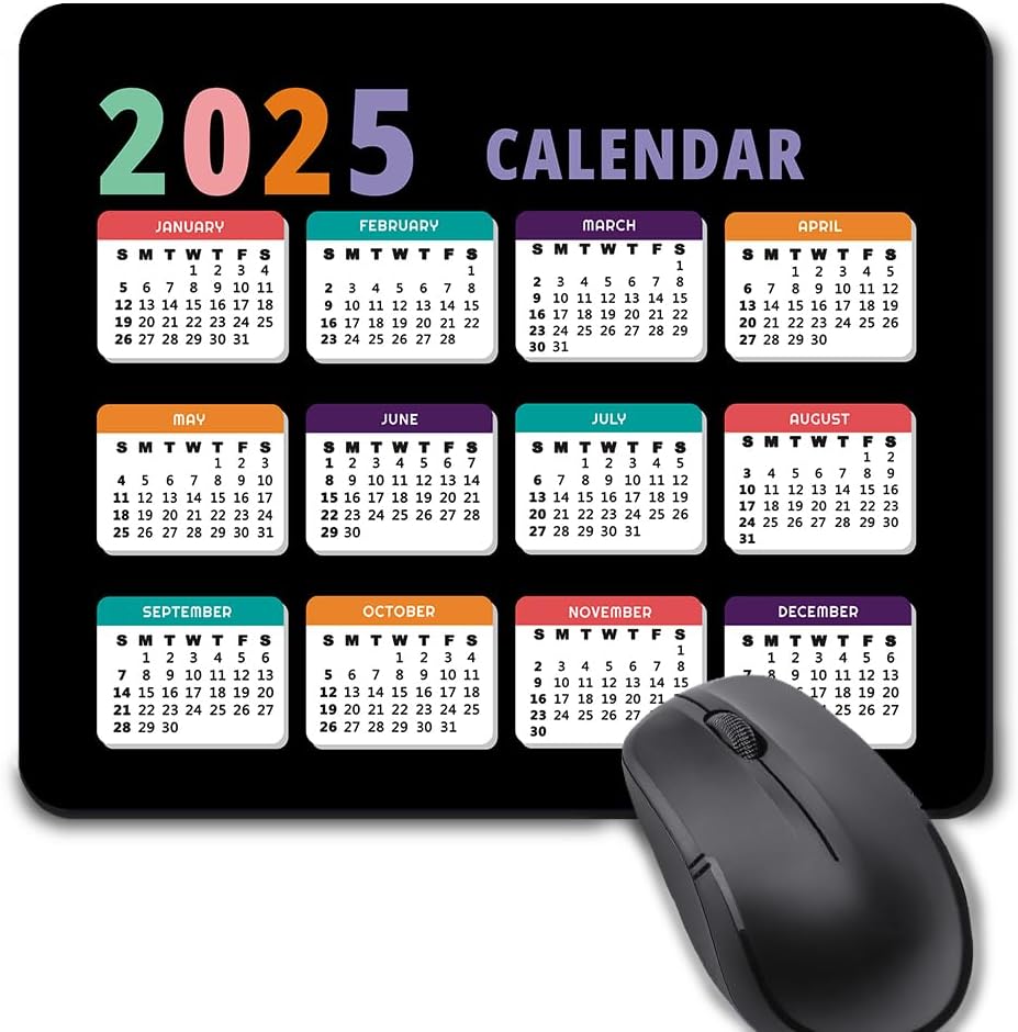 2025 Calendar Black, Computer Mouse Pad with Non-Slip Rubber Base, Mouse Pads for Computers Laptop Mouse 9.6 x 7.9 inch