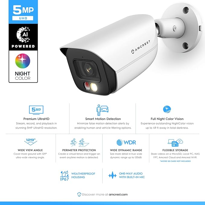 Amcrest 5MP IP PoE AI Camera w/ 49ft Color Night Vision, Security Outdoor Bullet Camera, Built-in Microphone, Human & Vehicle Detection, Active Deterrent, 129° FOV, 5MP@20fps IP5M-B1276EW-AI (White)