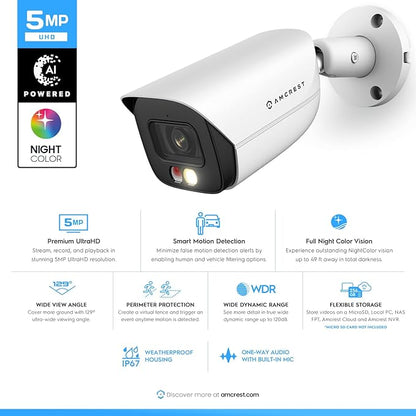 Amcrest 5MP IP PoE AI Camera w/ 49ft Color Night Vision, Security Outdoor Bullet Camera, Built-in Microphone, Human & Vehicle Detection, Active Deterrent, 129° FOV, 5MP@20fps IP5M-B1276EW-AI (White)