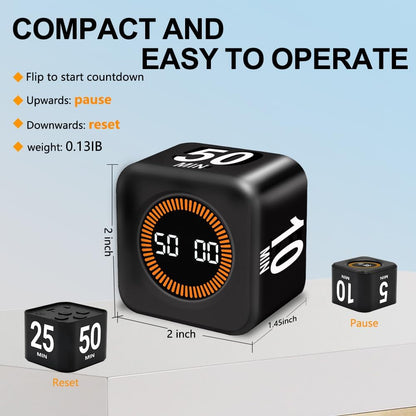 Visual Rotating Timer with 5, 10, 25 50 Minutes Preset, Desk Cube Count Down/up Timer, Rechargeable Custom-time Mute/Sound, Ideal for ADHD Work Learning Kitchen, Black