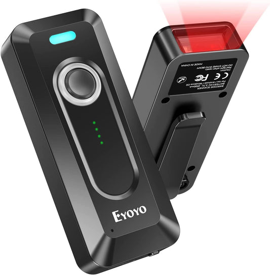 Eyoyo 2D Bluetooth Barcode Scanner Wireless with Clip, 2000mAh Battery with Level Indicator, Portable Mini QR Bar Code Reader for Library Book Inventory Compatible with iPhone, iPad, Android Phone
