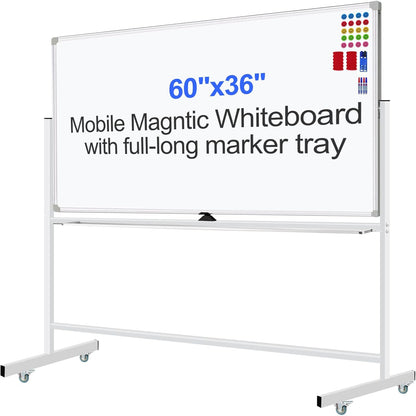 Mobile Magnet Whiteboard with Stand 60x36 Double-Sided Dry Erase Board with Stand - Magnetic Portable Standing Whiteboard - 5' x 3' Rolling White Boards with Easy Flip Feature