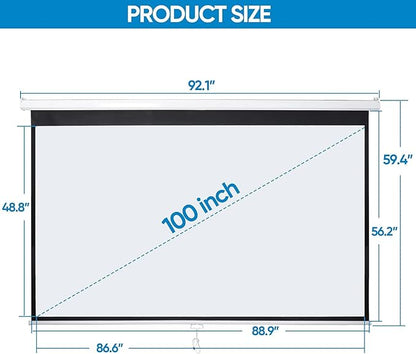 Projector Screen 100 Inch 16:9 HD Portable Manual Pull Down Projector Screen, Wall Ceiling Mounted Retractable Widescreen for Home Theater Cinema Office Movie TV Game, White