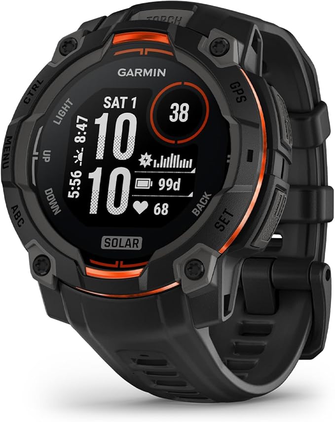 Garmin Instinct® 3 45mm, Solar Charged Display, Rugged Outdoor GPS Smartwatch, Metal-Reinforced Bezel, Built-in Flashlight, Black