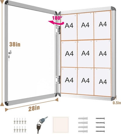 38"x28" Enclosed Bulletin Board, Lockable Weather-Resistant Aluminum Cork Noticeboard for School & Office, Silver Frame w/Cork