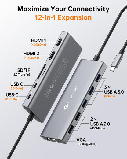 NOVOO USB C Docking Station, 12 in 1 Docking Station Dual Monitor with 2 HDMI, VGA, 5 USB Ports, 100W PD, USB-C Data, SD/TF Card Reader, Compatible with MacBook/Dell/HP/Surface