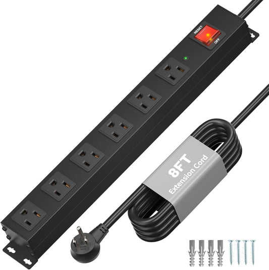 KF 6 Outlet Metal Power Strip with Surge Protection 2100J Mountable Power Outlet with Aluminum Alloy Mount Power Strip 14AWG 8FT Extension Cord,15A/125V/1875W in Home,Garage,Black