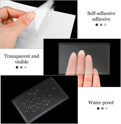 100 Self-adhesive Index Card Pockets Label Pockets sleeves with Top Open for Business Cards, Clear Plastic Sticky Labels Holders for Storage Bins Library Cards, Organizing Totes Shelves(5.28 x 3.65'')