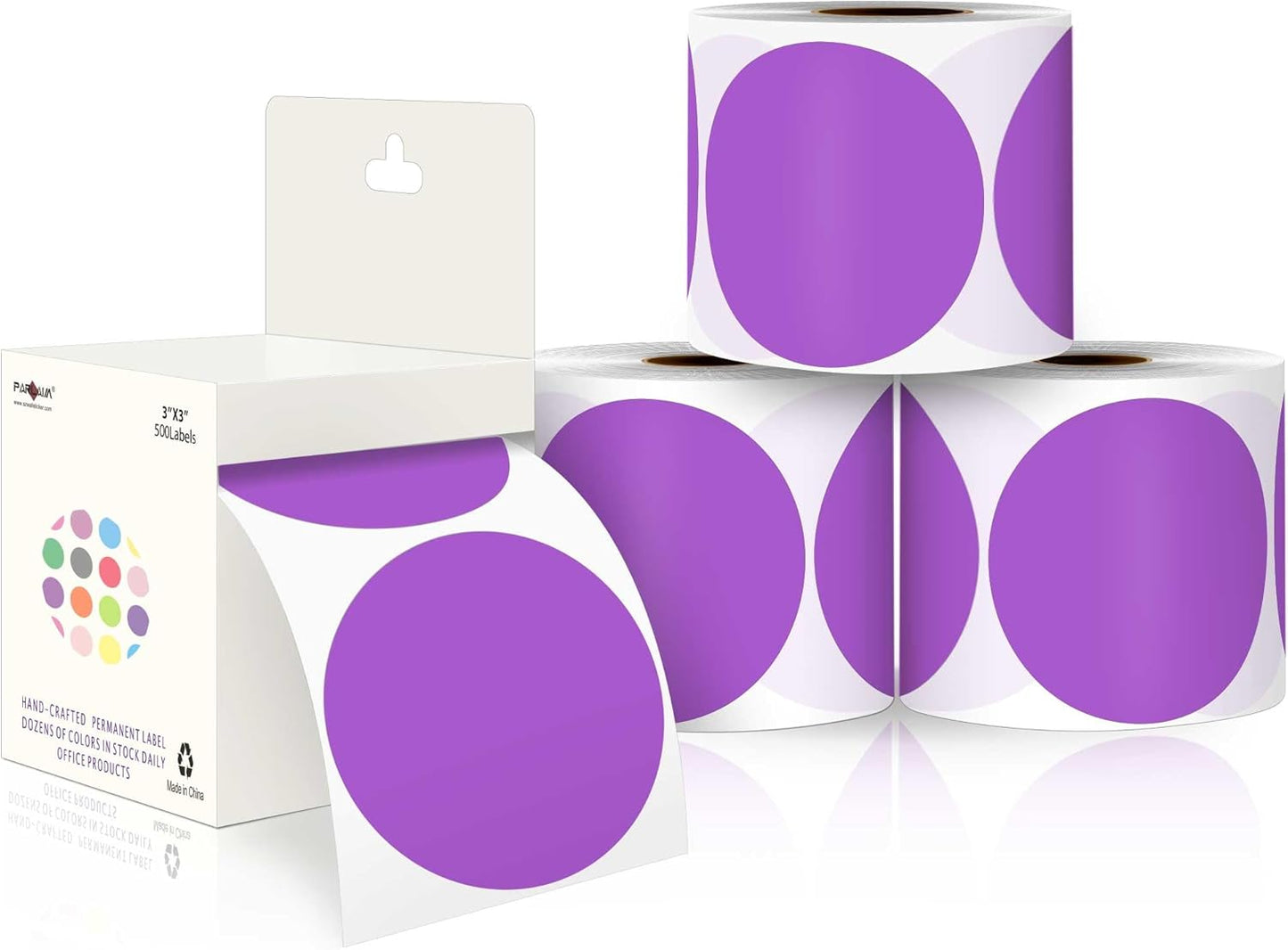 PARLAIM 3”Color Coding Labels Stickers,4Rolls/2000per Dispenser Box Round Adhesive Circle Dot Stickers for Inventory Office Home（Purple）