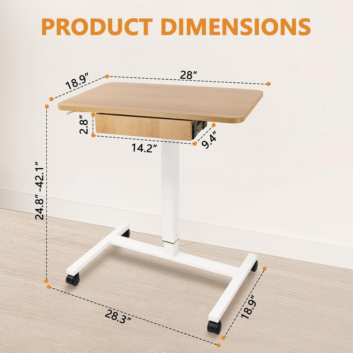 CLATINA Mobile Laptop Standing Desk, Height Adjustable Teacher Podium with Lockable Wheels, Adjustable Work Table with Drawer, Computer Cart Overbed Table for Home Office Classroom, Beige