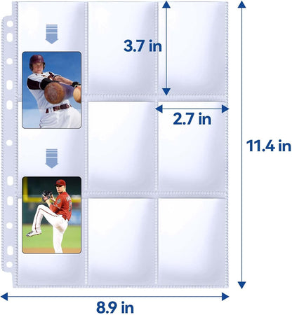 Trading Card Sleeve Pages, PANDRI 100 Pack 9 Pocket Trading Card Storage Album Pages 11 Holes Fit 3 Ring Binder