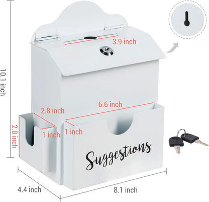MyGift Classic White Metal Suggestion Box with Cursive Suggestions Lettering, Wall Mounted or Tabletop Comment Box with Lock, Keys, Paper Sheet and Pen Holder Slots