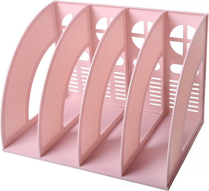 SAYEEC Magazine File Holder Folder Storage Desktop 4 Compartment Standing Hollow Pink Files Bookshelf Organizer Office Racks Displays Holds Notebooks Documents for School Working Students