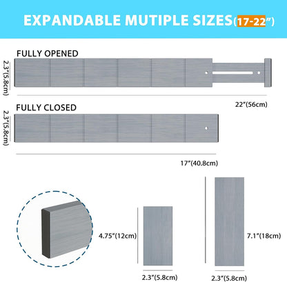 6 Pack Bamboo Drawer Dividers with 12 Inserts, Expandable Adjustable Clothes Drawer Organizers and Storage from 17" to 22" for Kitchen, Bedroom, Dresser, Cosmetics (Gray)