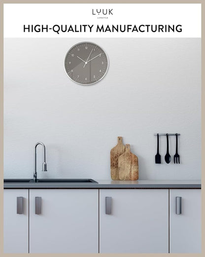 LUUK LIFESTYLE Silent Quartz Wall Clock, Nordic and Minimalist Design, Interior Decoration for Living Room, Kitchen, Bedroom, Dark Grey and Silver