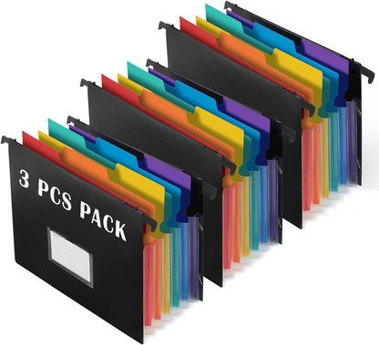 TRANBO 7-Pockets Hanging File Folder with Retractable Hooks for Filing Cabinet, Letter Size Expandable Accordion File Organizer with Elastic Band for File Frame or On-The-Go Use (3 Pack)
