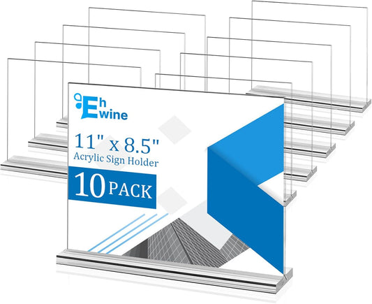 EHWINE 10 Pack Acrylic Sign Holder 8.5 x 11 Horizontal, Double-Sided Stand up Table Top Sign Holders, Clear Acrylic Picture Frame Menu Flyer Paper Holder Display Stand for Office Business Store Wedding Party