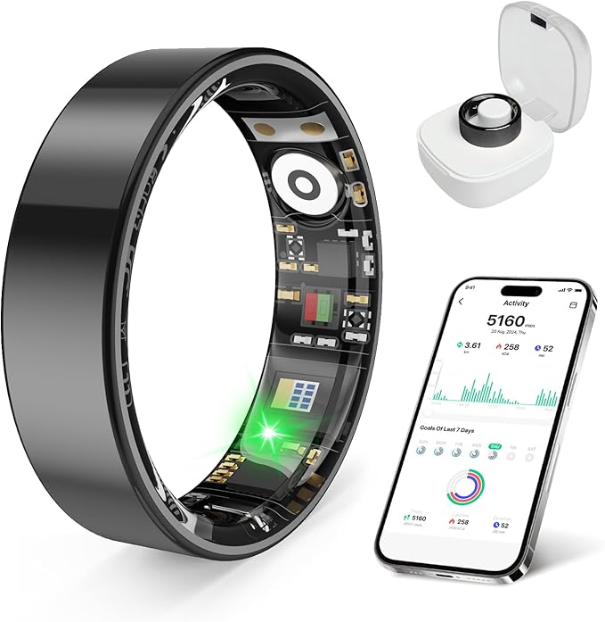 Smart Health Ring, Featuring Stress and Sleep Monitoring Functions, Compatible with iOS and Android, Waterproof Fitness Tracker for Women & Men, No Subscription Fee. (Black, 12)
