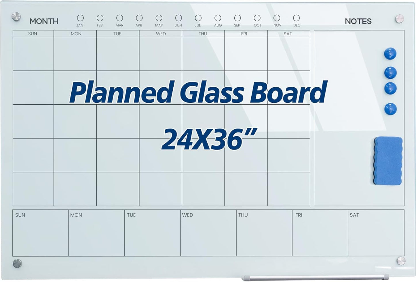 Magnetic Glass Whiteboard 36X24 Monthly Planner Calendar Dry Erase Board for Home, School, Office, Frameless, with Markers, Marker Tray, Eraser, Magnets (White)