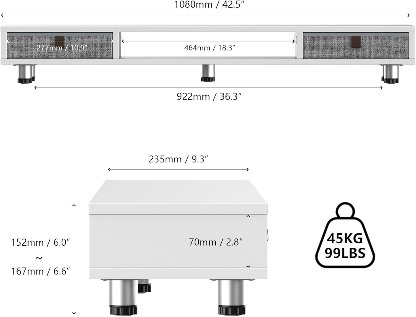 Fenge Dual Monitor Stand with 2 Drawers, 42.5 Inches Large Computer Riser for Desk, Adjustable Height Desk Shelf with Storage for Laptop, PC, TV, Printer