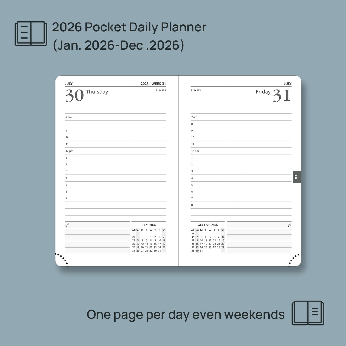 POPRUN Daily Planner 2026 (Jan - Dec), (Purse Size-4.25" x 6.25") 2026 Daily Calendar with One Page Per Day Even Weekends, Hourly Appointment Book with Pocket, PU Leather Softcover - Burgundy Red