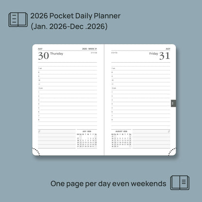 POPRUN Daily Planner 2026 (Jan - Dec), (Purse Size-4.25" x 6.25") 2026 Daily Calendar with One Page Per Day Even Weekends, Hourly Appointment Book with Pocket, PU Leather Softcover - Black