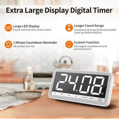 VOCOO Digital Kitchen Timer with 7.8” Extra Large Display, Magnetic, LED with 3 Brightness, 4 Alarms and 3 Volume Levels, Battery Countdown Count Up Timer for Cooking, Classroom, Home Gym (White)