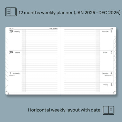 POPRUN Weekly Planner 2026 Calendar (Large 8.5" x 10.5") 12 Months Notebook with Horizontal Layout, Leather Hardcover, Inner Pocket, 100GSM Thick Paper, Pen Holder - Navy Blue
